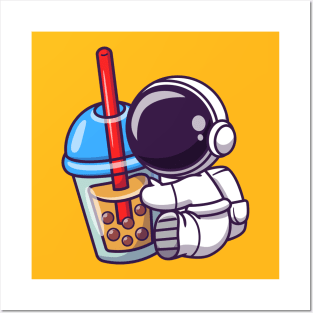 Cute Astronaut Holding Boba Milk Tea Cartoon Posters and Art